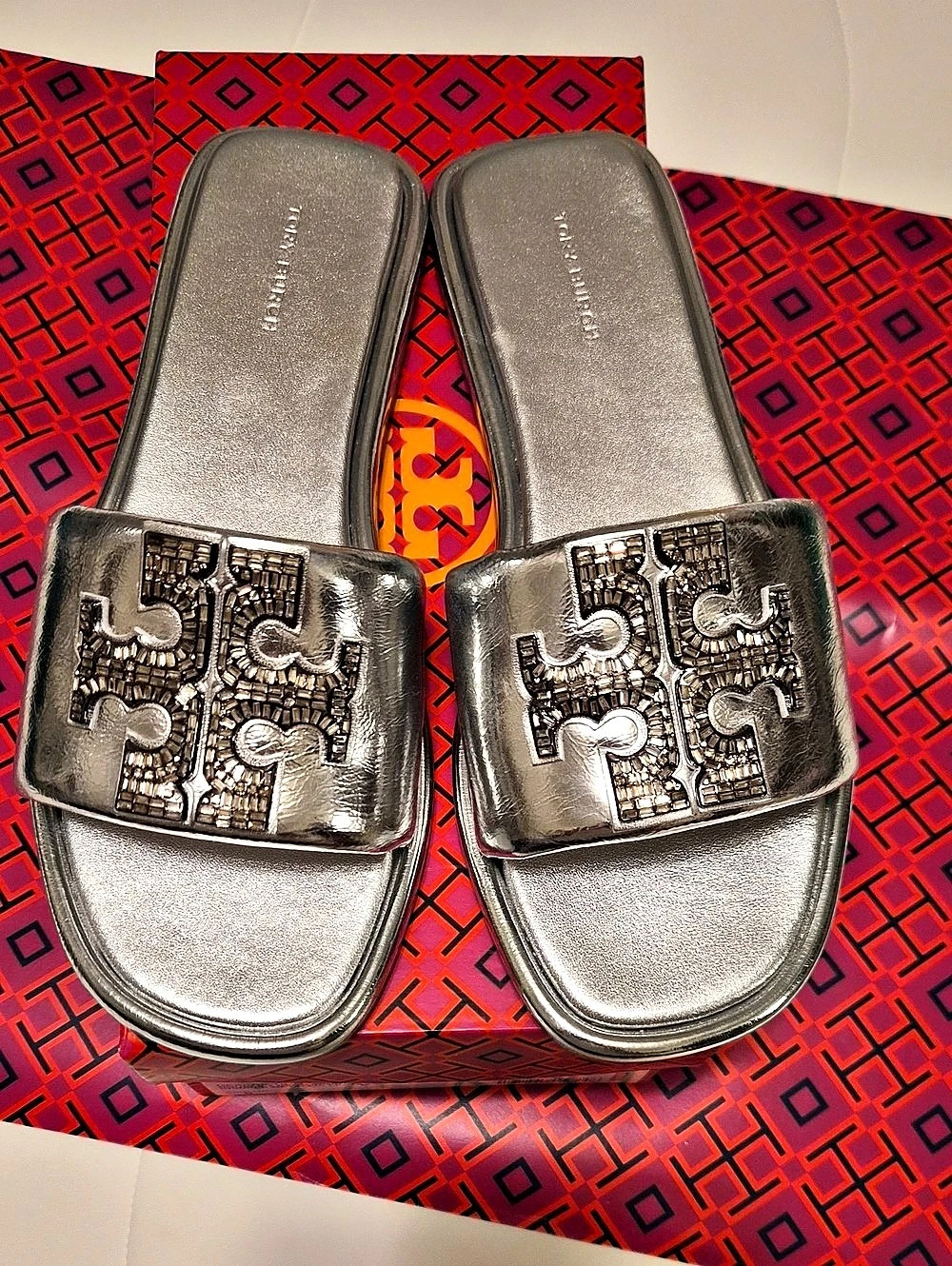Tory Burch Double T Deco Sport Slide Metallic Leather Slides US 8 Like New